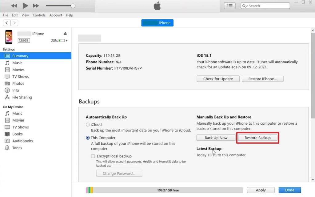 choose restore backup on itunes
